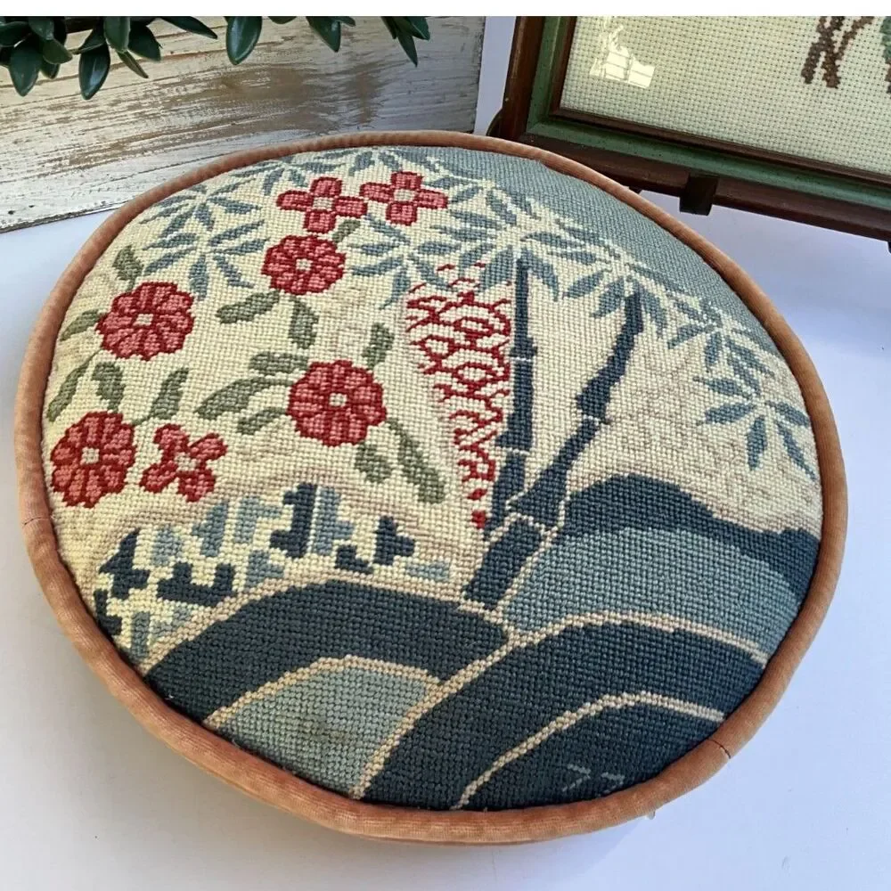 Vintage round needlepoint pillow trees and flowers funky 1950's needlepoint